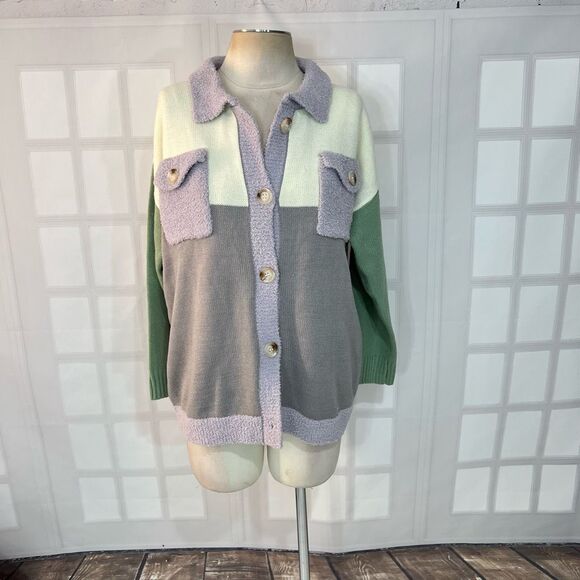 Pink Lilly Multicolor Collared Button Down Colorblock Cardigan Sweater Sz Small - Picture 1 of 11